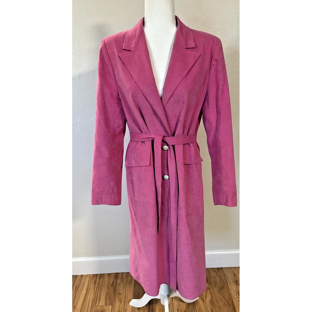 Vintage Women's Ultrasuede‎ Bubble Gum Electric Pink Long Trench Coat Size 6 - Picture 4 of 13